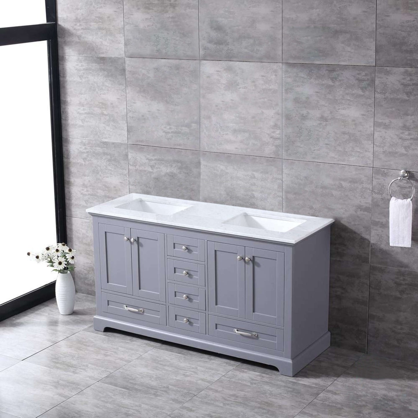 Dukes 60" Dark Grey Double Vanity, White Carrara Marble Top, White Square Sinks and no Mirror - LD342260DBDS000