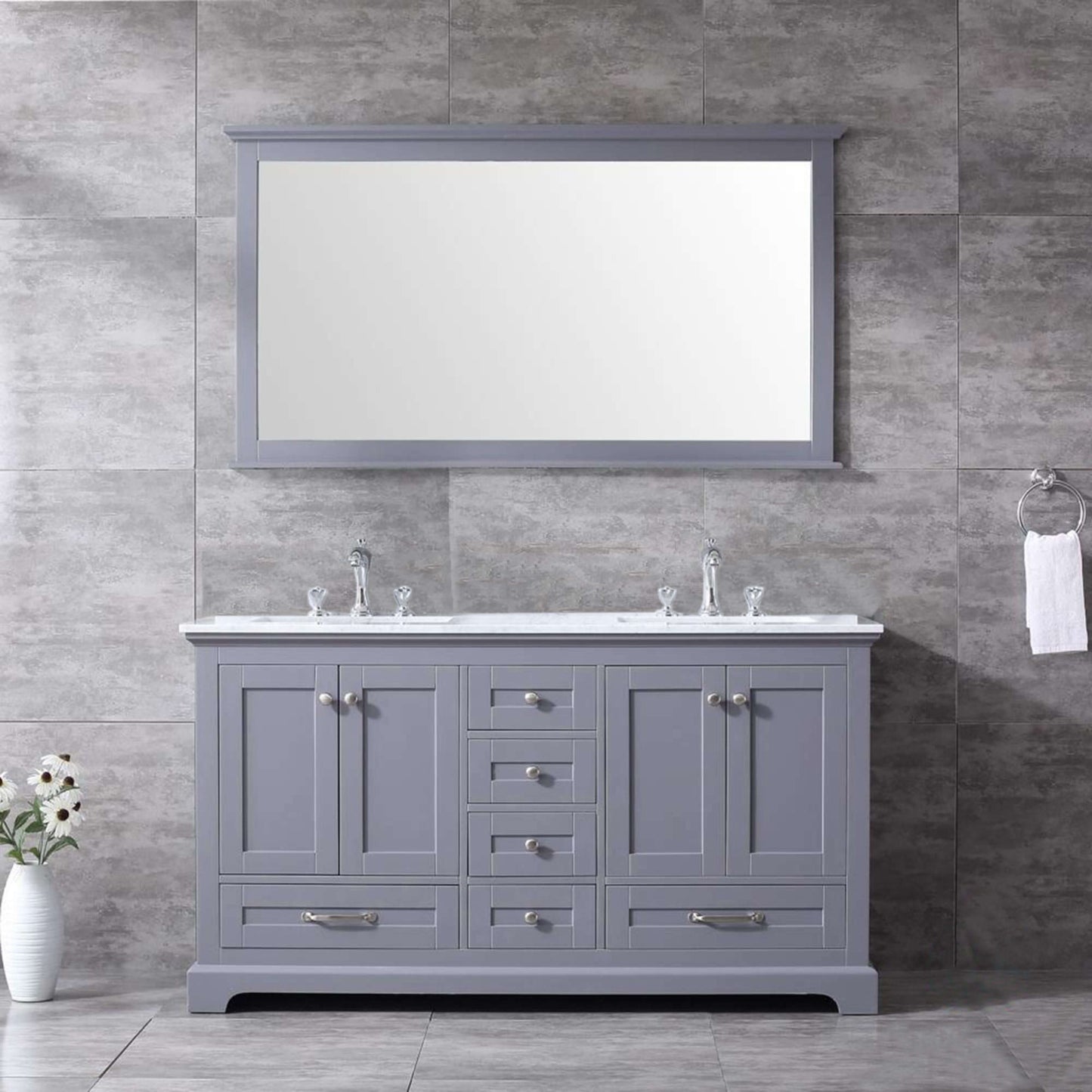 Dukes 60" Dark Grey Double Vanity, White Carrara Marble Top, White Square Sinks and 58" Mirror - LD342260DBDSM58
