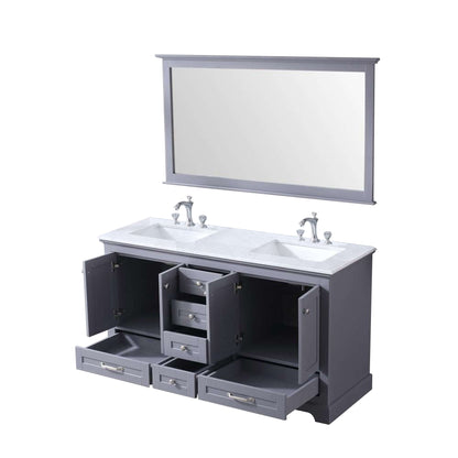 Dukes 60" Dark Grey Double Vanity, White Carrara Marble Top, White Square Sinks and 58" Mirror - LD342260DBDSM58