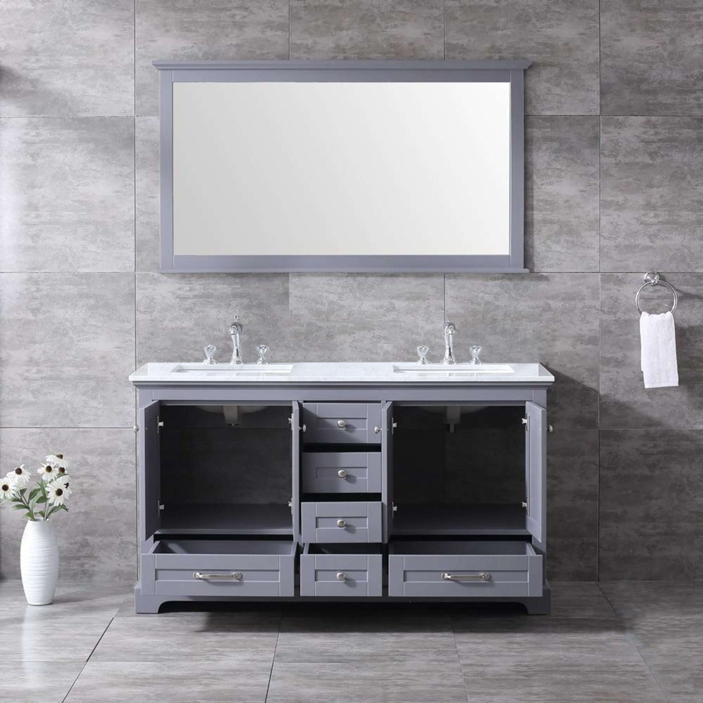 Dukes 60" Dark Grey Double Vanity, White Carrara Marble Top, White Square Sinks and 58" Mirror - LD342260DBDSM58