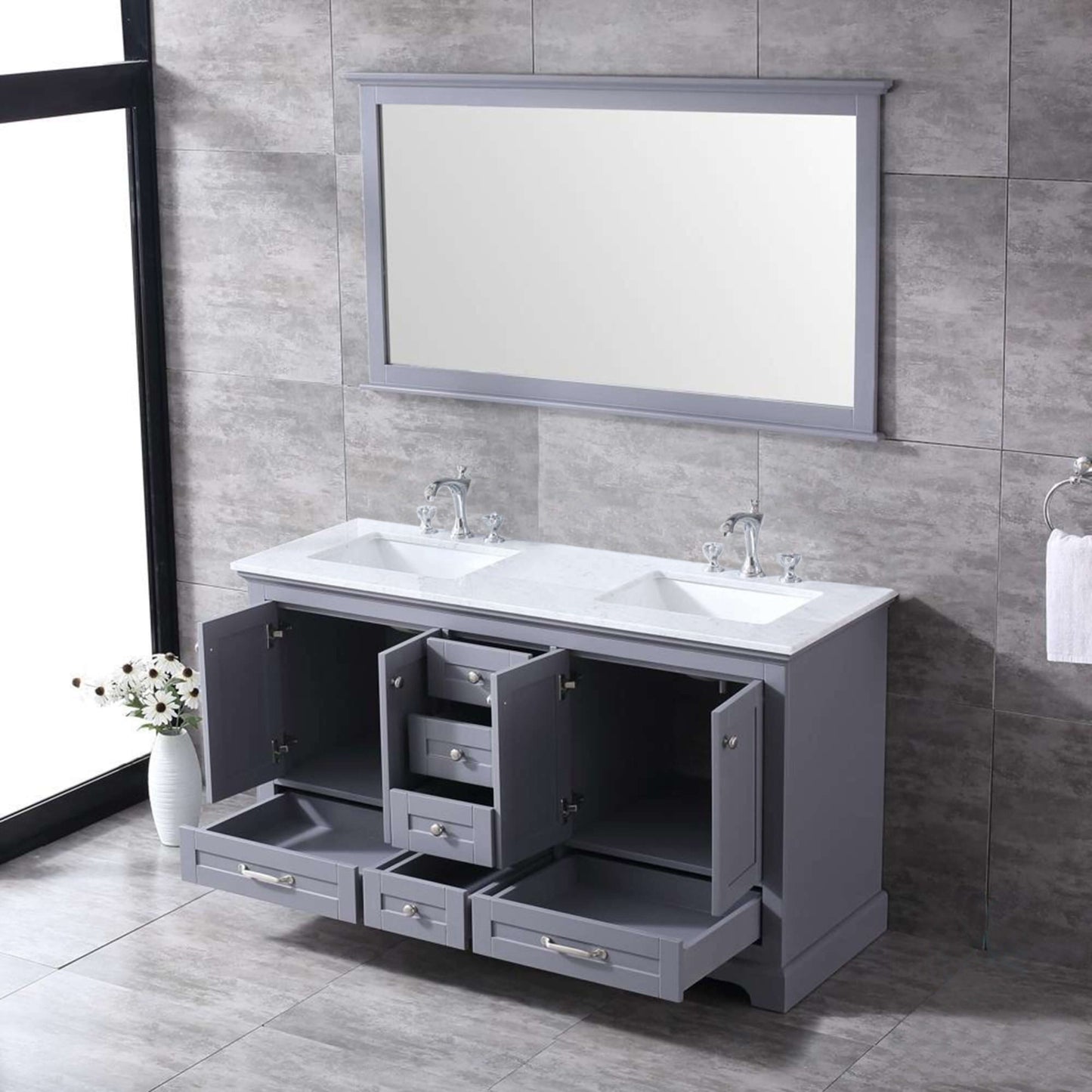 Dukes 60" Dark Grey Double Vanity, White Carrara Marble Top, White Square Sinks and 58" Mirror - LD342260DBDSM58