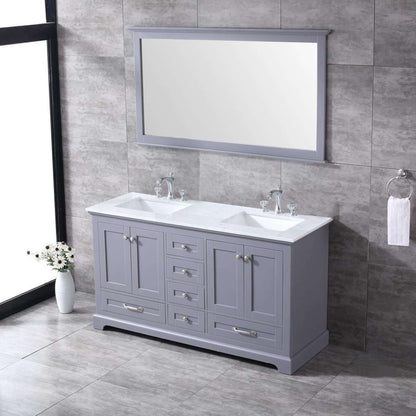 Dukes 60" Dark Grey Double Vanity, White Carrara Marble Top, White Square Sinks and 58" Mirror - LD342260DBDSM58