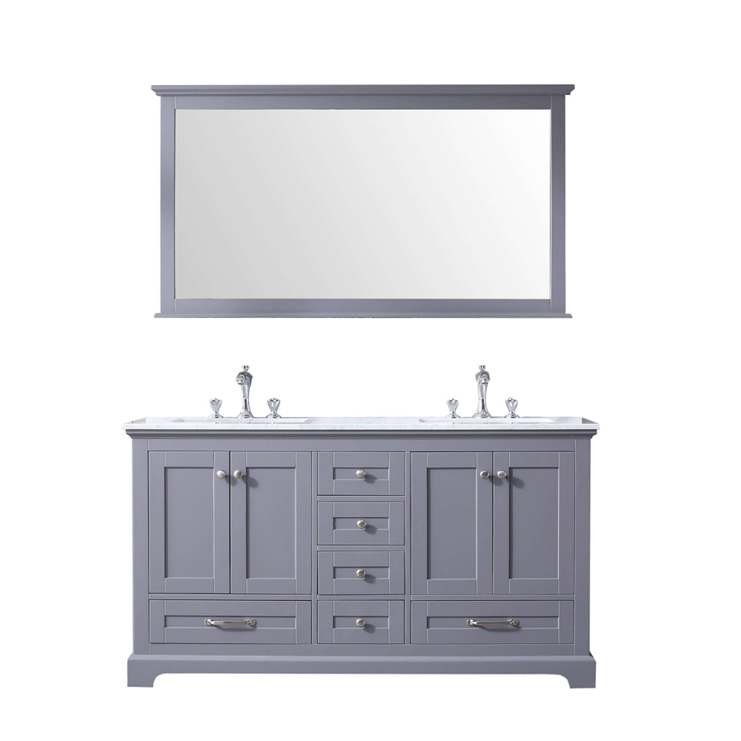 Dukes 60" Dark Grey Double Vanity, White Carrara Marble Top, White Square Sinks and 58" Mirror - LD342260DBDSM58