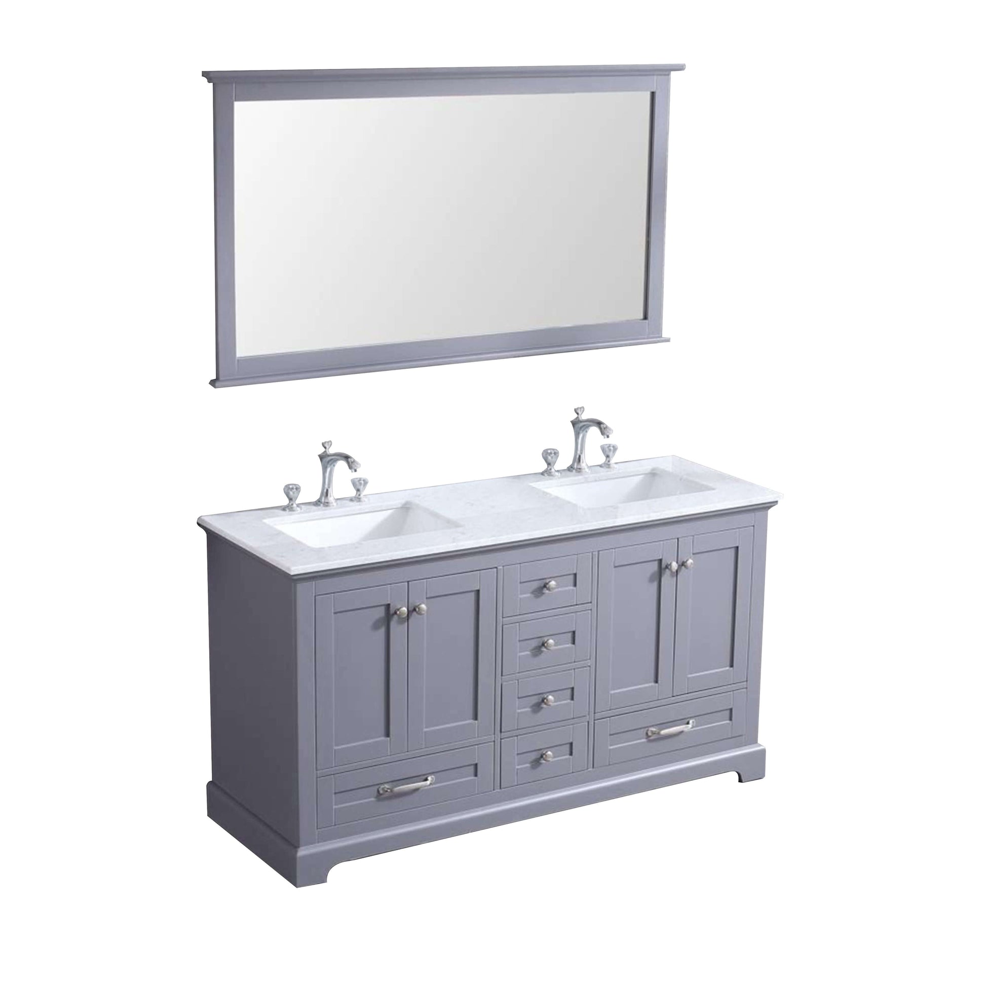 Dukes 60" Dark Grey Double Vanity, White Carrara Marble Top, White Square Sinks and 58" Mirror - LD342260DBDSM58