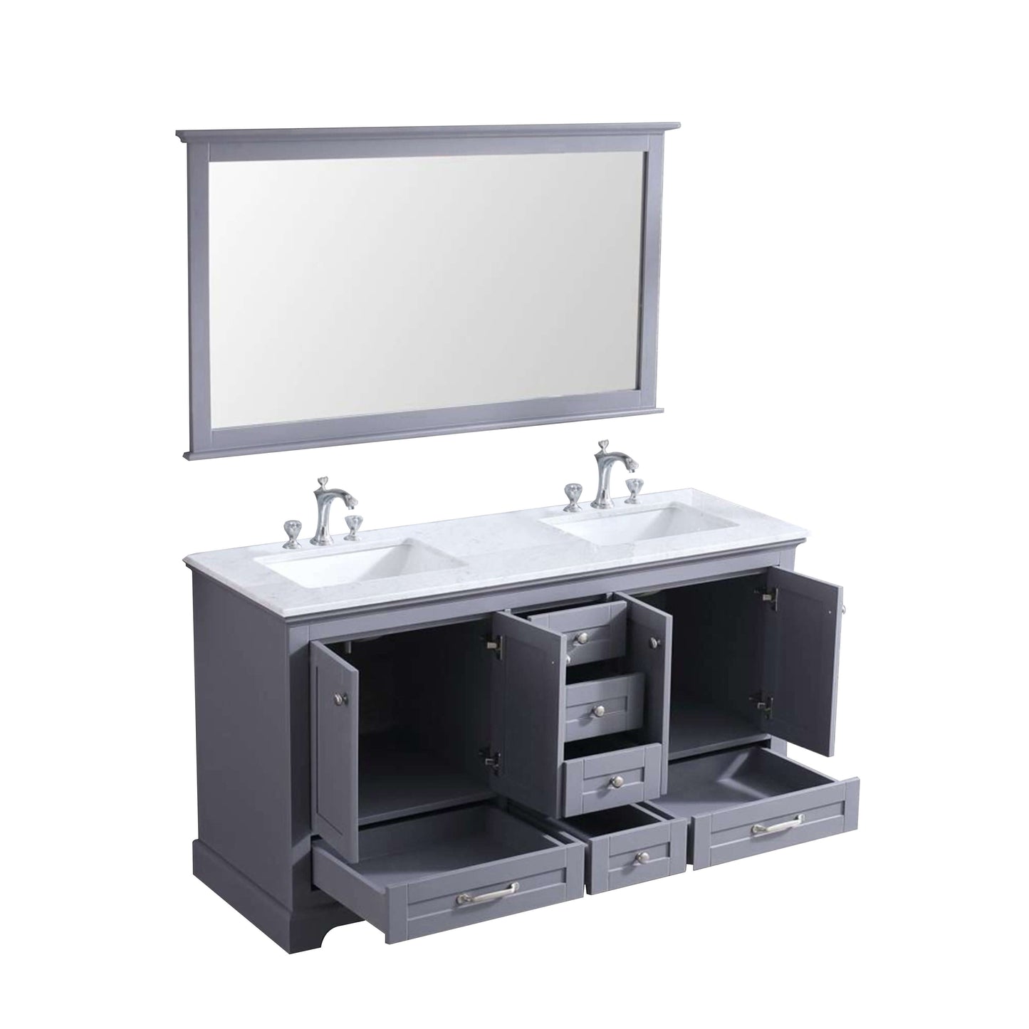 Dukes 60" Dark Grey Double Vanity, White Carrara Marble Top, White Square Sinks and 58" Mirror - LD342260DBDSM58