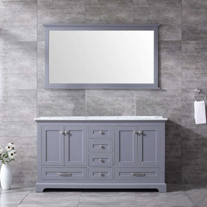 Dukes 60" Dark Grey Double Vanity, White Carrara Marble Top, White Square Sinks and 58" Mirror - LD342260DBDSM58