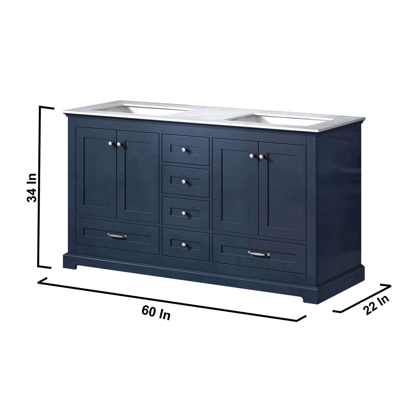 Dukes 60" Navy Blue Double Vanity, White Carrara Marble Top, White Square Sinks and no Mirror - LD342260DEDS000