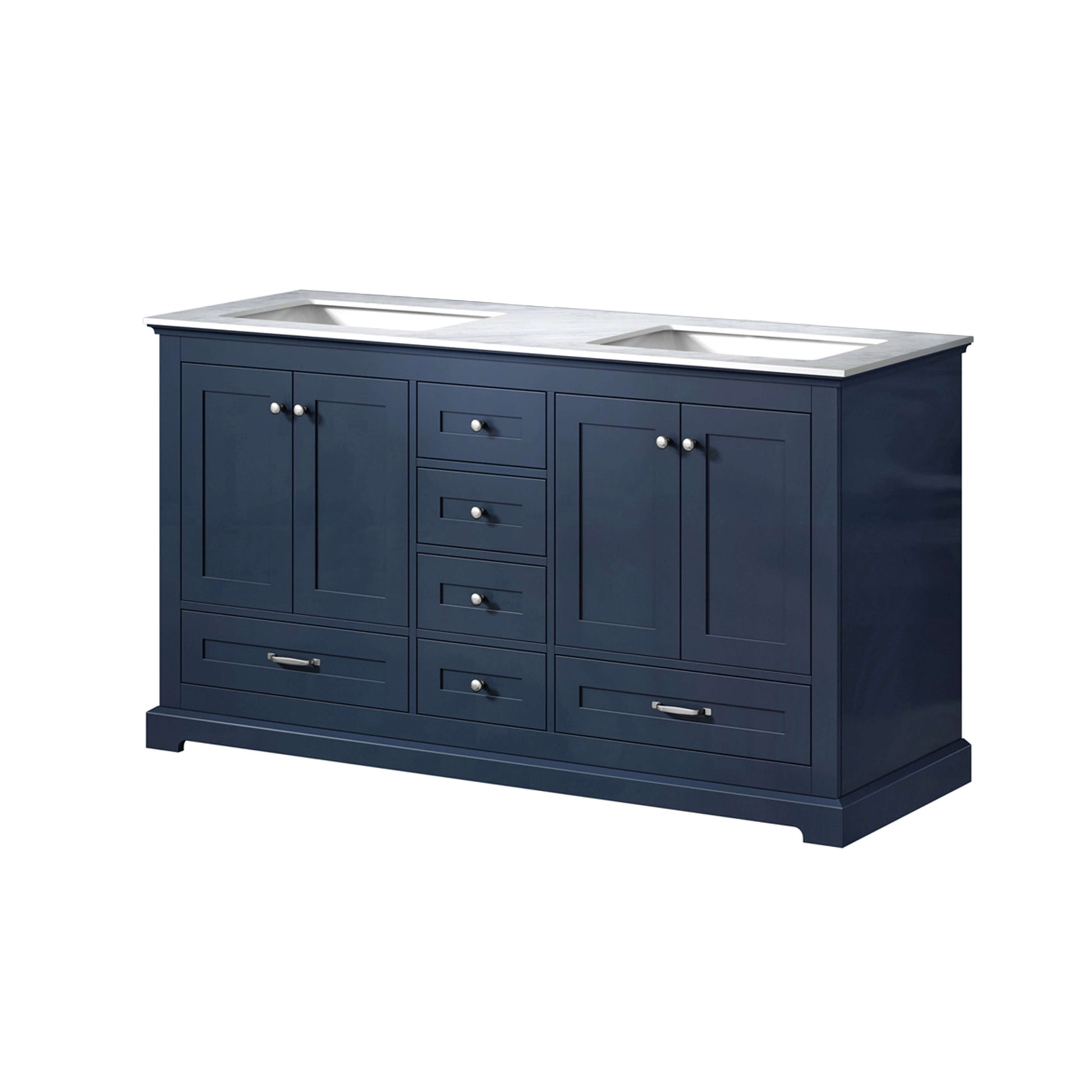 Dukes 60" Navy Blue Double Vanity, White Carrara Marble Top, White Square Sinks and no Mirror - LD342260DEDS000