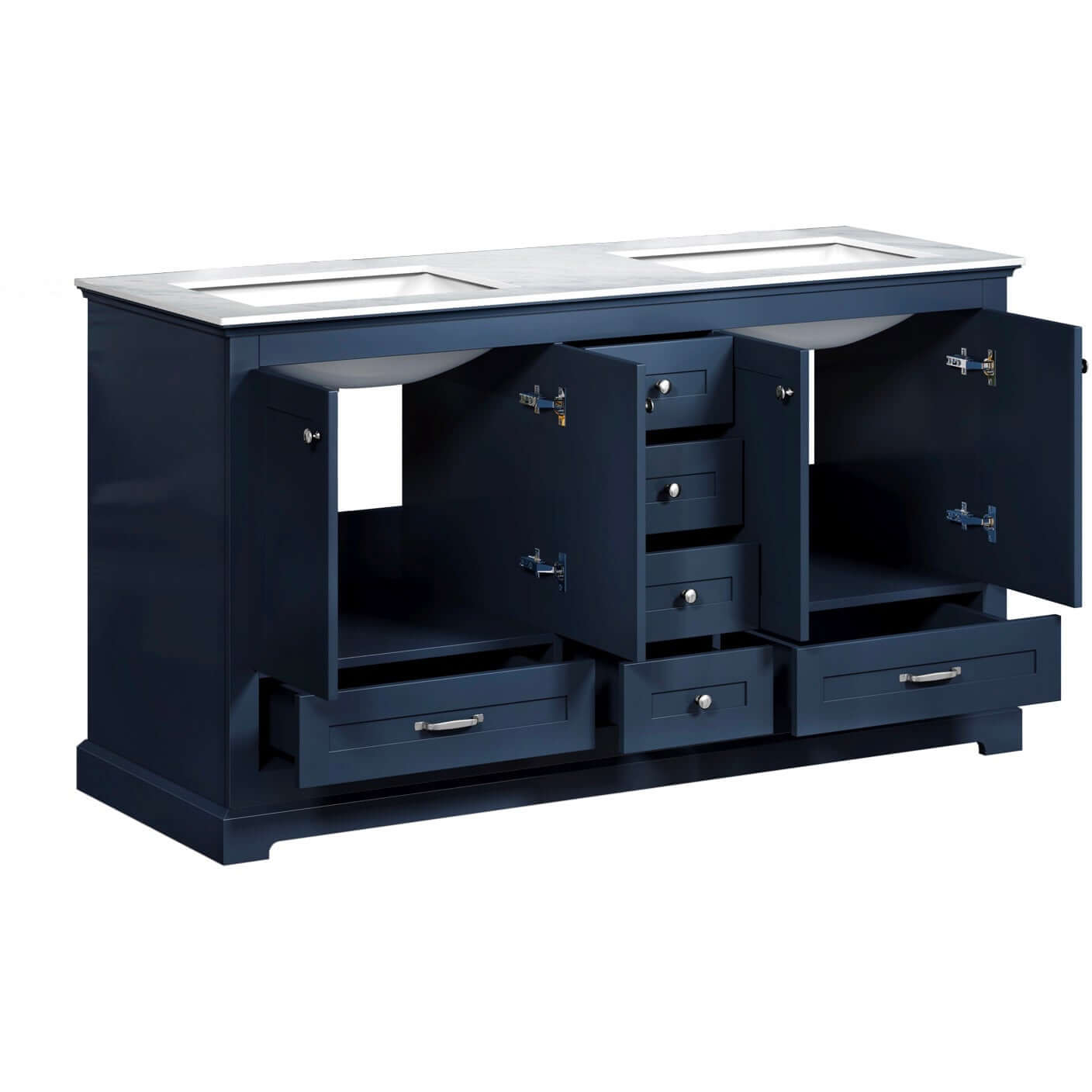 Dukes 60" Navy Blue Double Vanity, White Carrara Marble Top, White Square Sinks and no Mirror - LD342260DEDS000