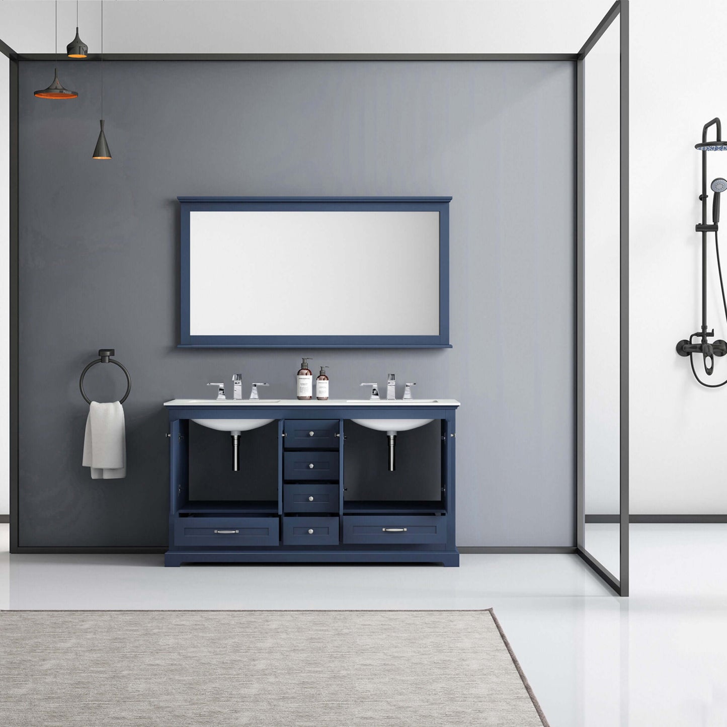 Dukes 60" Navy Blue Double Vanity, White Quartz Top, White Square Sinks and 58" Mirror - LD342260DEWQM58