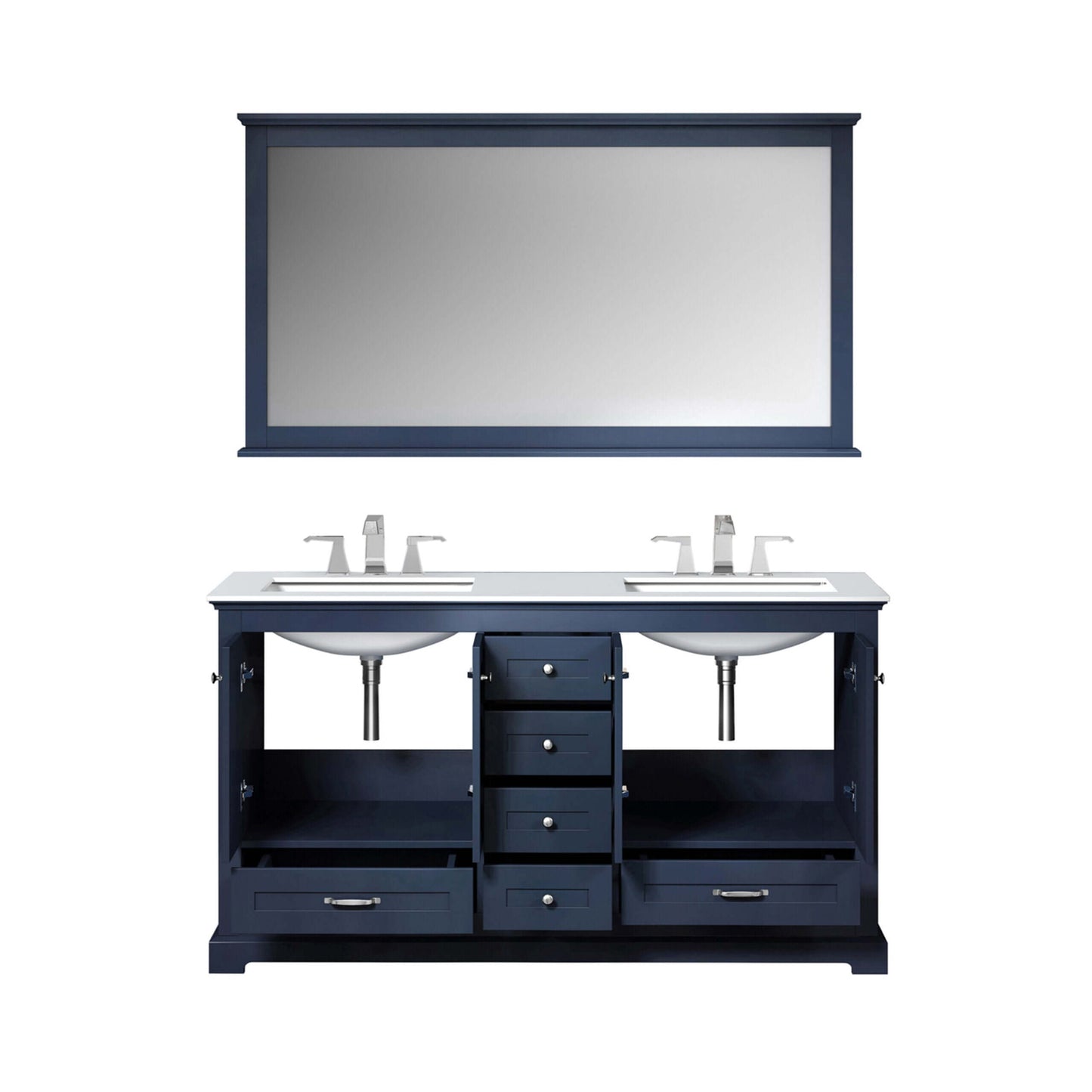 Dukes 60" Navy Blue Double Vanity, White Quartz Top, White Square Sinks and 58" Mirror - LD342260DEWQM58