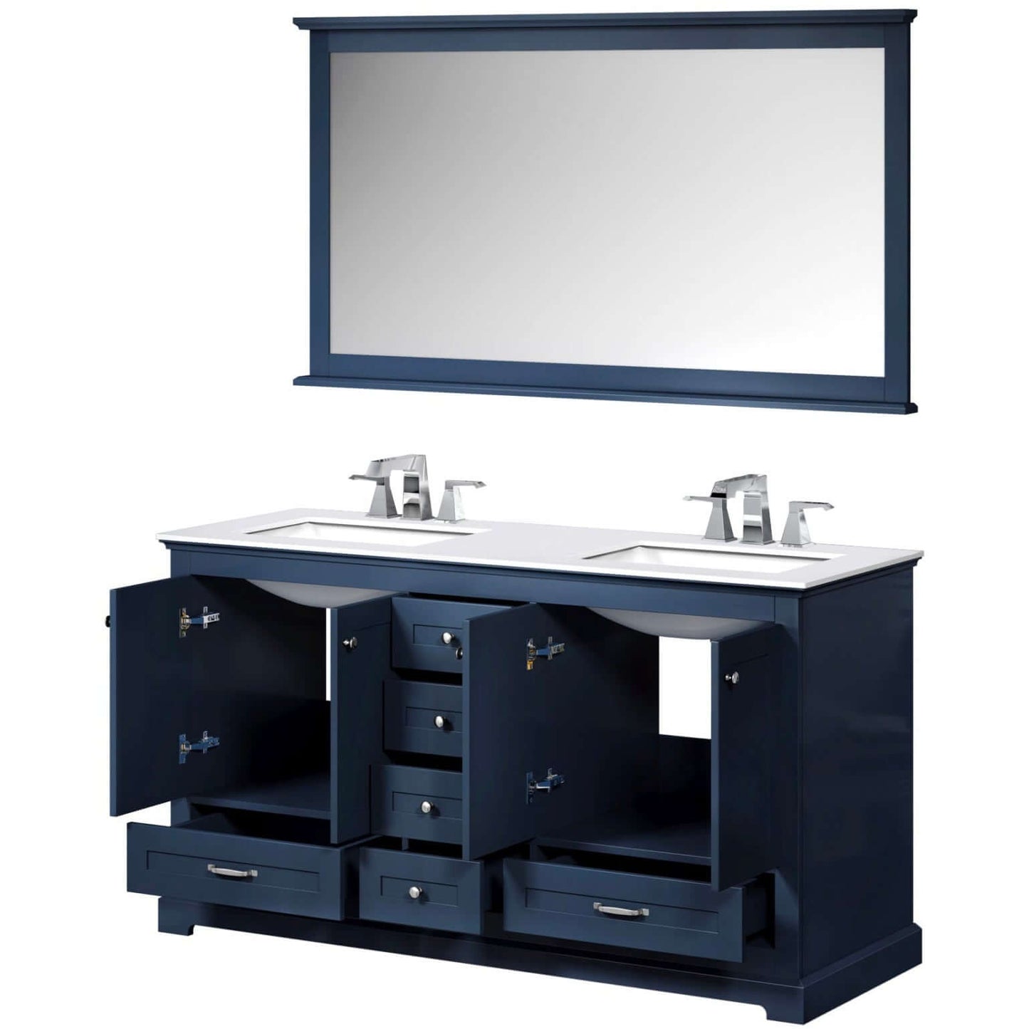 Dukes 60" Navy Blue Double Vanity, White Quartz Top, White Square Sinks and 58" Mirror - LD342260DEWQM58