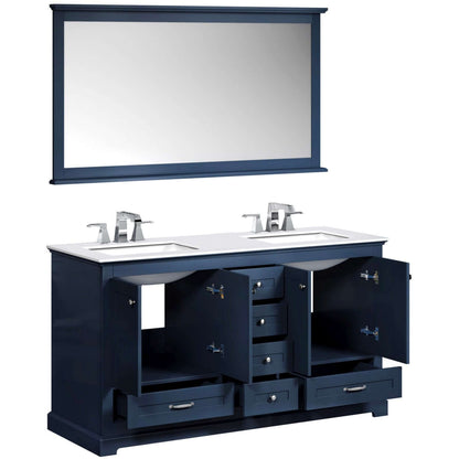 Dukes 60" Navy Blue Double Vanity, White Quartz Top, White Square Sinks and 58" Mirror - LD342260DEWQM58