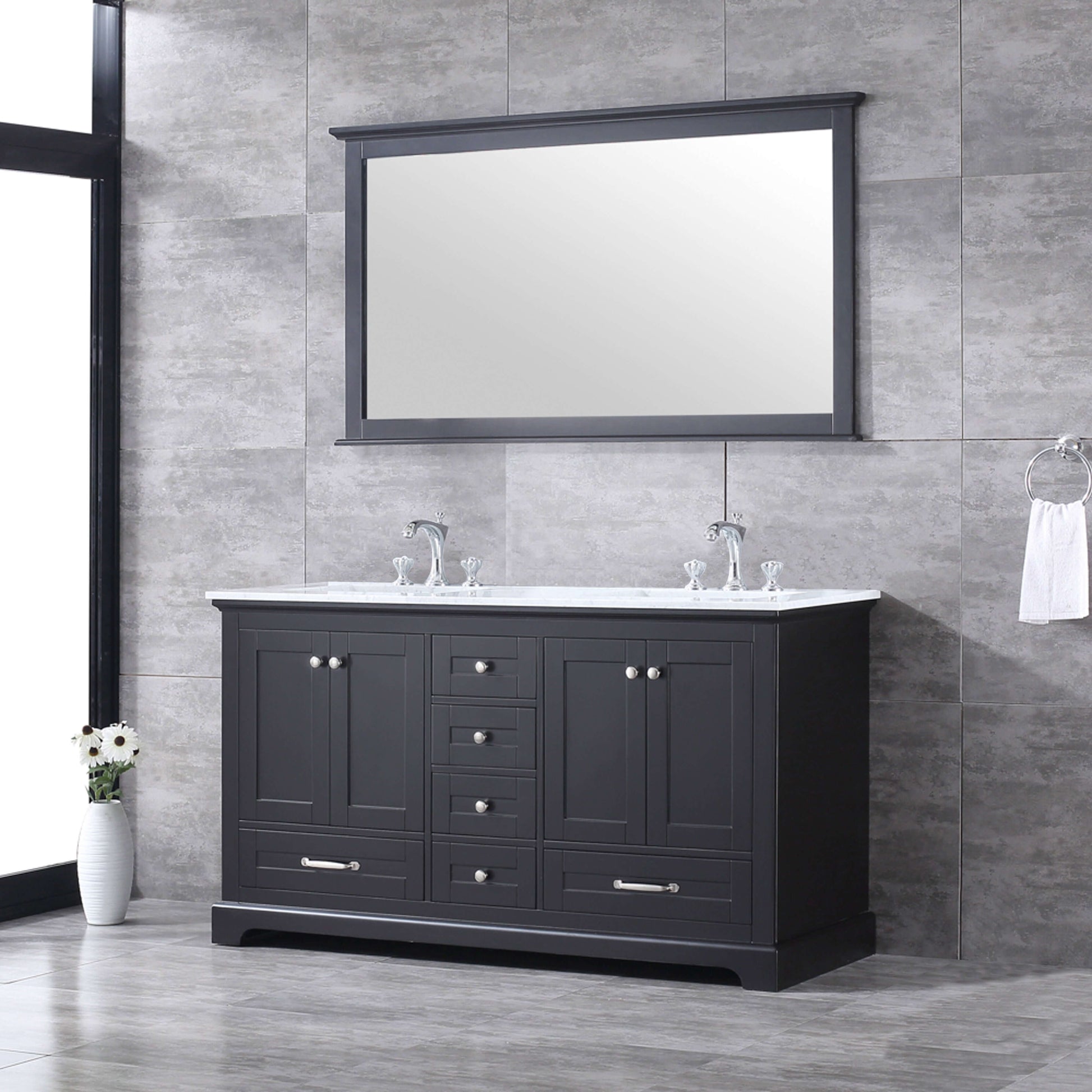 Dukes 60" Espresso Double Vanity, White Carrara Marble Top, White Square Sinks and 58" Mirror - LD342260DGDSM58