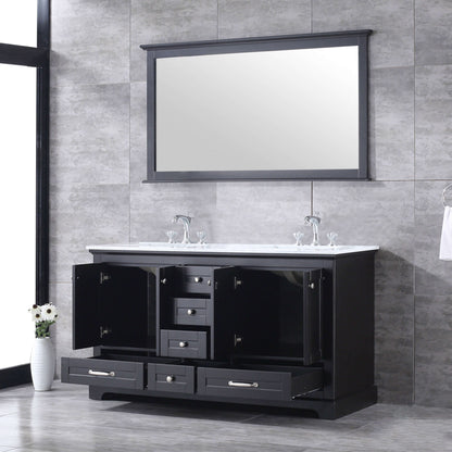 Dukes 60" Espresso Double Vanity, White Carrara Marble Top, White Square Sinks and 58" Mirror - LD342260DGDSM58