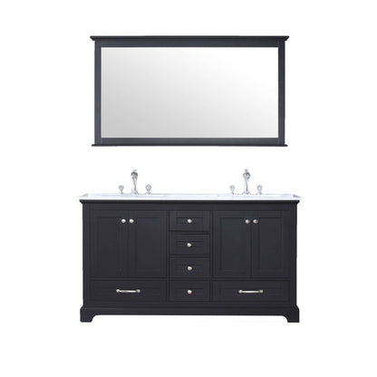 Dukes 60" Espresso Double Vanity, White Carrara Marble Top, White Square Sinks and 58" Mirror - LD342260DGDSM58