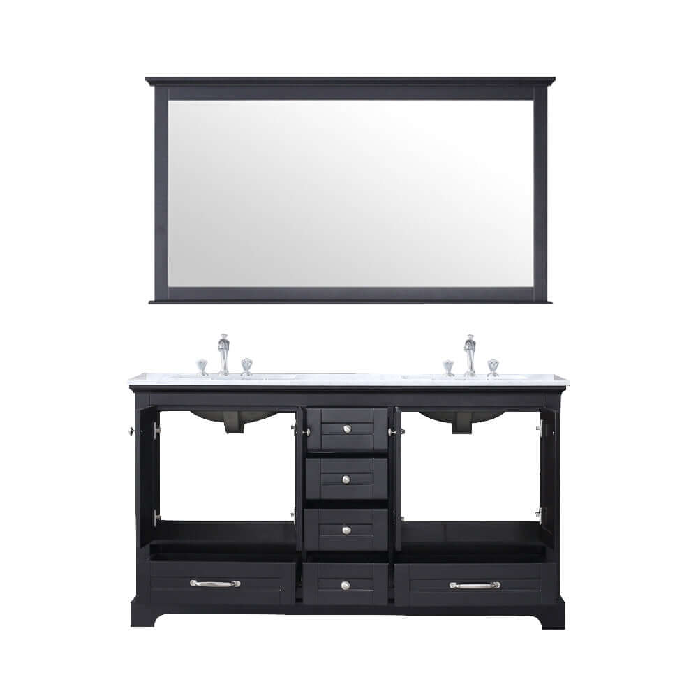 Dukes 60" Espresso Double Vanity, White Carrara Marble Top, White Square Sinks and 58" Mirror - LD342260DGDSM58