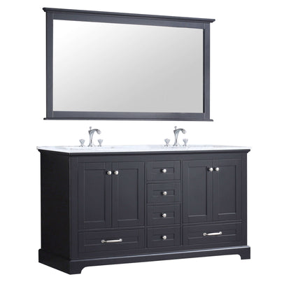 Dukes 60" Espresso Double Vanity, White Carrara Marble Top, White Square Sinks and 58" Mirror - LD342260DGDSM58