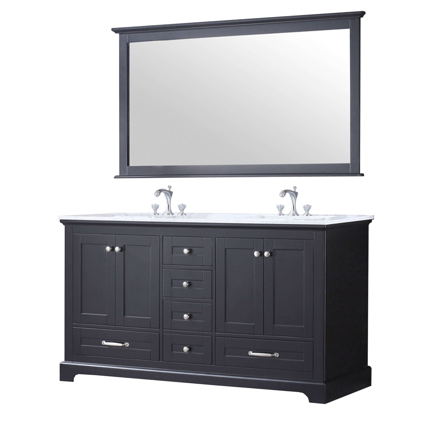 Dukes 60" Espresso Double Vanity, White Carrara Marble Top, White Square Sinks and 58" Mirror - LD342260DGDSM58