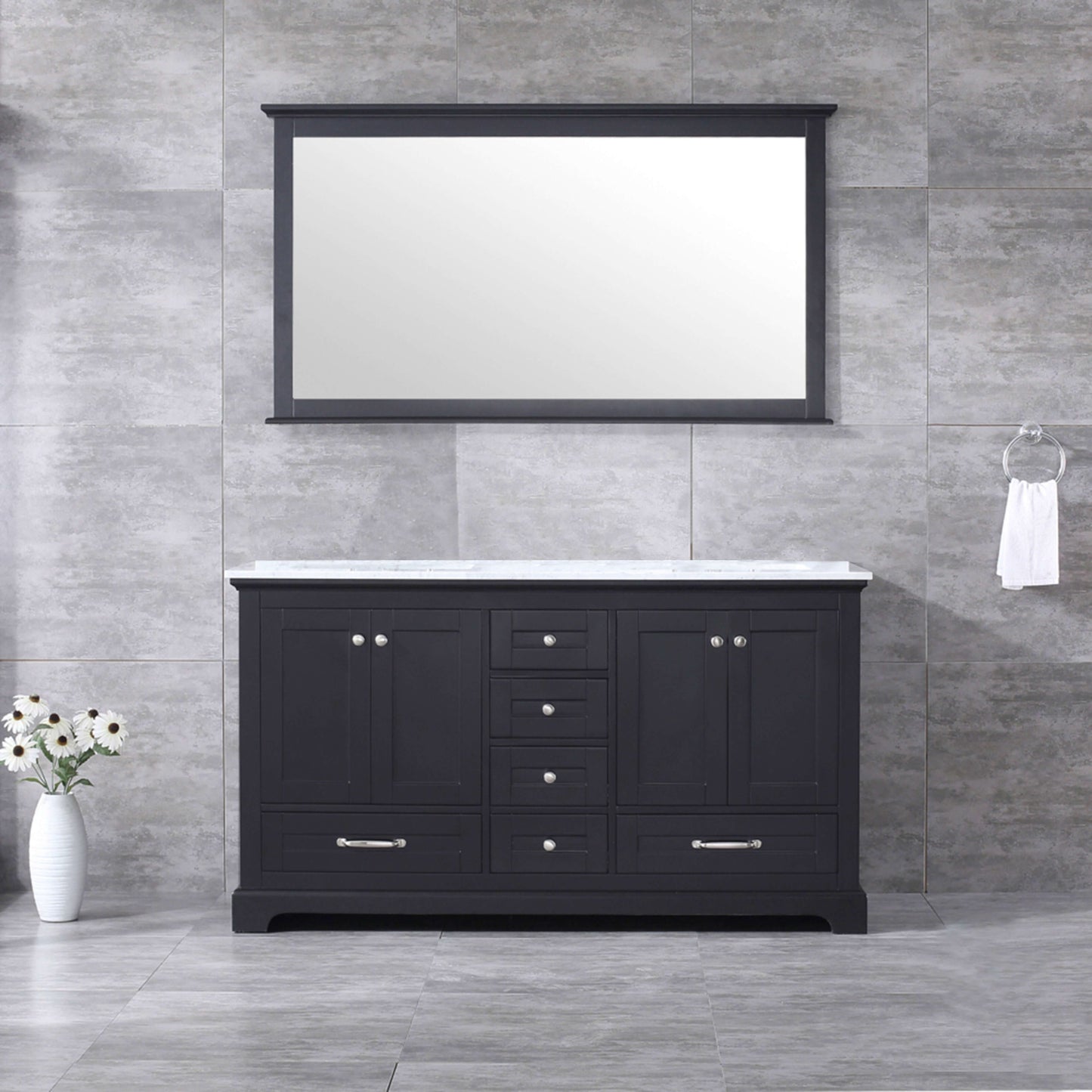 Dukes 60" Espresso Double Vanity, White Carrara Marble Top, White Square Sinks and 58" Mirror - LD342260DGDSM58