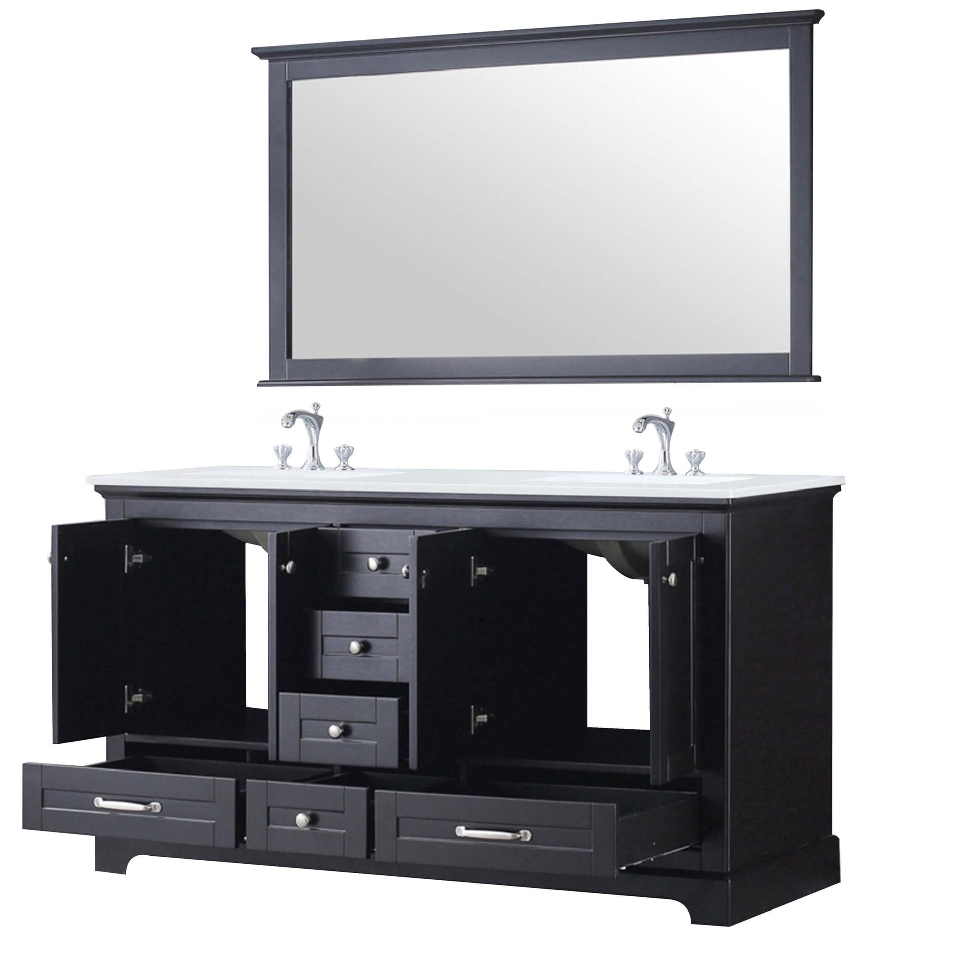 Dukes 60" Espresso Double Vanity, White Quartz Top, White Square Sinks and 58" Mirror - LD342260DGWQM58