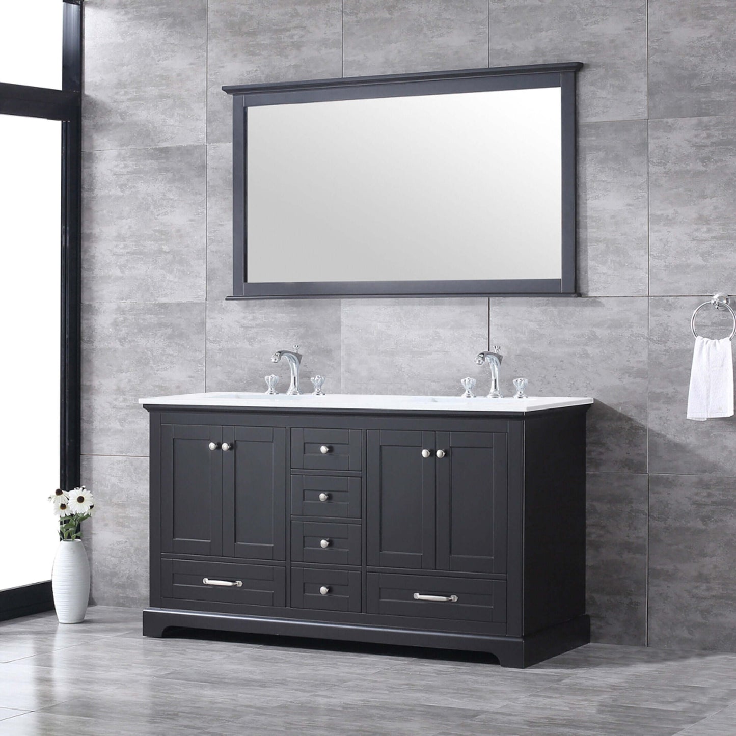 Dukes 60" Espresso Double Vanity, White Quartz Top, White Square Sinks and 58" Mirror - LD342260DGWQM58