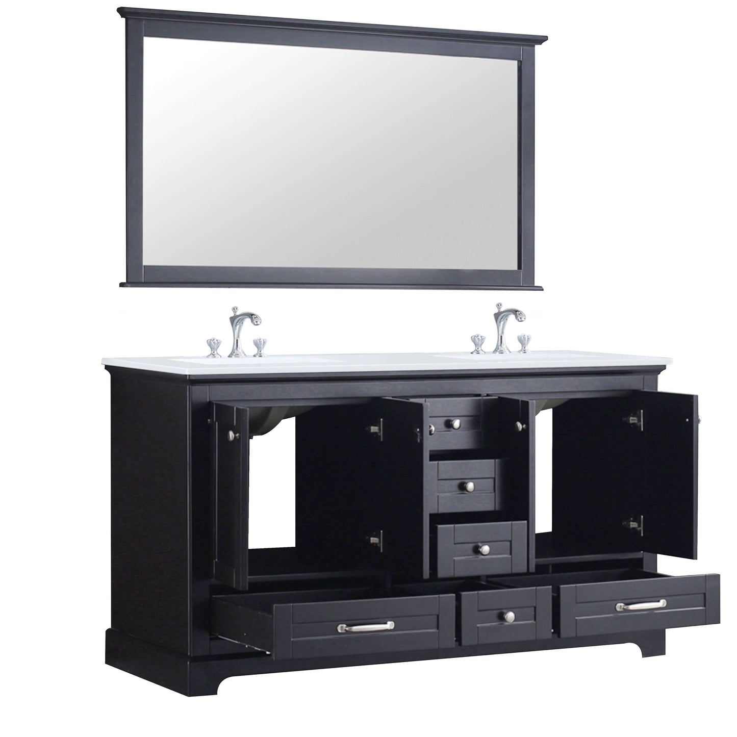 Dukes 60" Espresso Double Vanity, White Quartz Top, White Square Sinks and 58" Mirror - LD342260DGWQM58