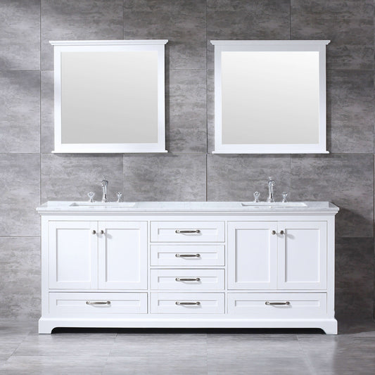 Dukes 80" White Double Vanity, White Carrara Marble Top, White Square Sinks and 30" Mirrors - LD342280DADSM30