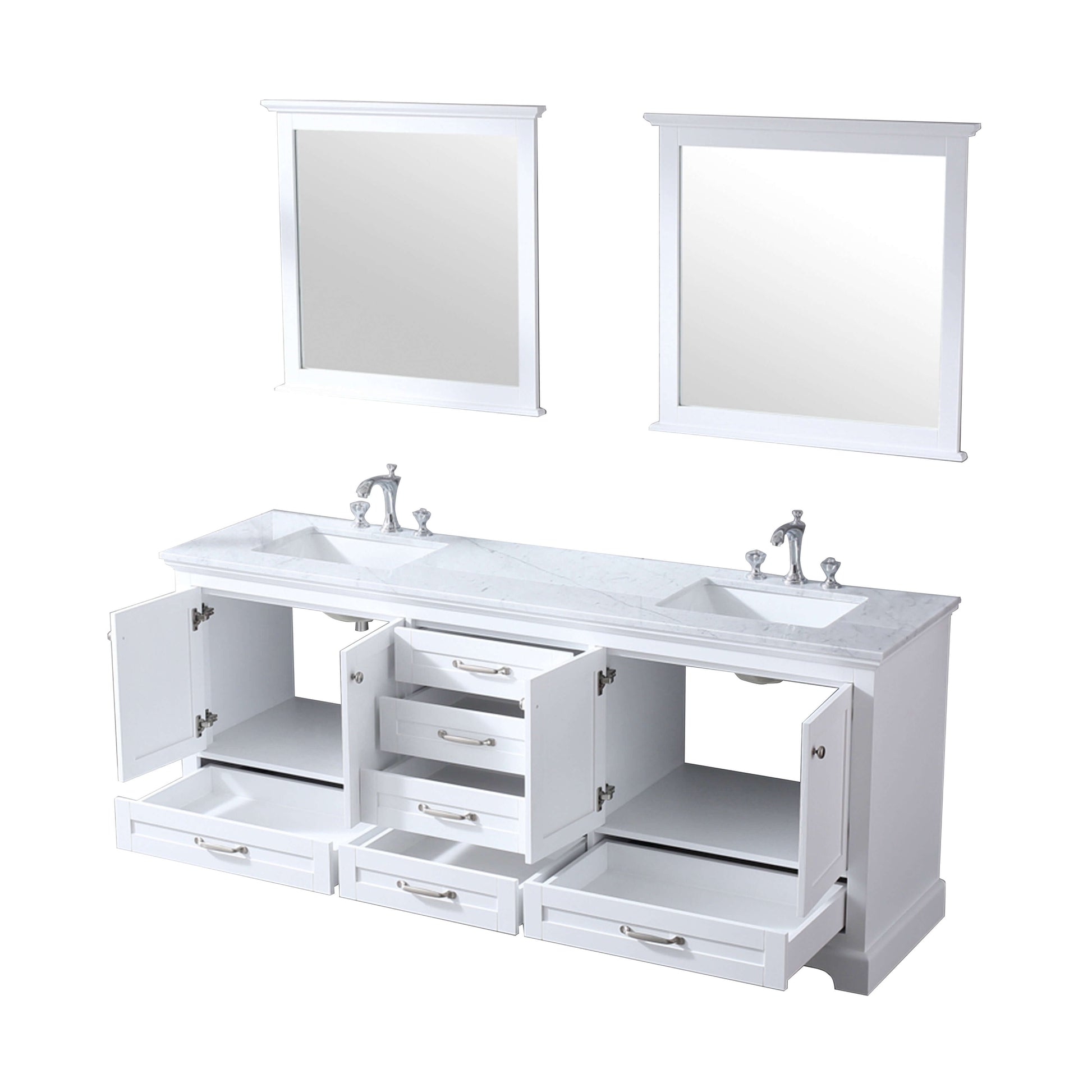 Dukes 80" White Double Vanity, White Carrara Marble Top, White Square Sinks and 30" Mirrors - LD342280DADSM30