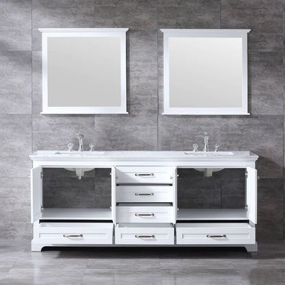 Dukes 80" White Double Vanity, White Carrara Marble Top, White Square Sinks and 30" Mirrors - LD342280DADSM30