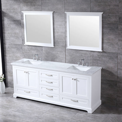 Dukes 80" White Double Vanity, White Carrara Marble Top, White Square Sinks and 30" Mirrors - LD342280DADSM30