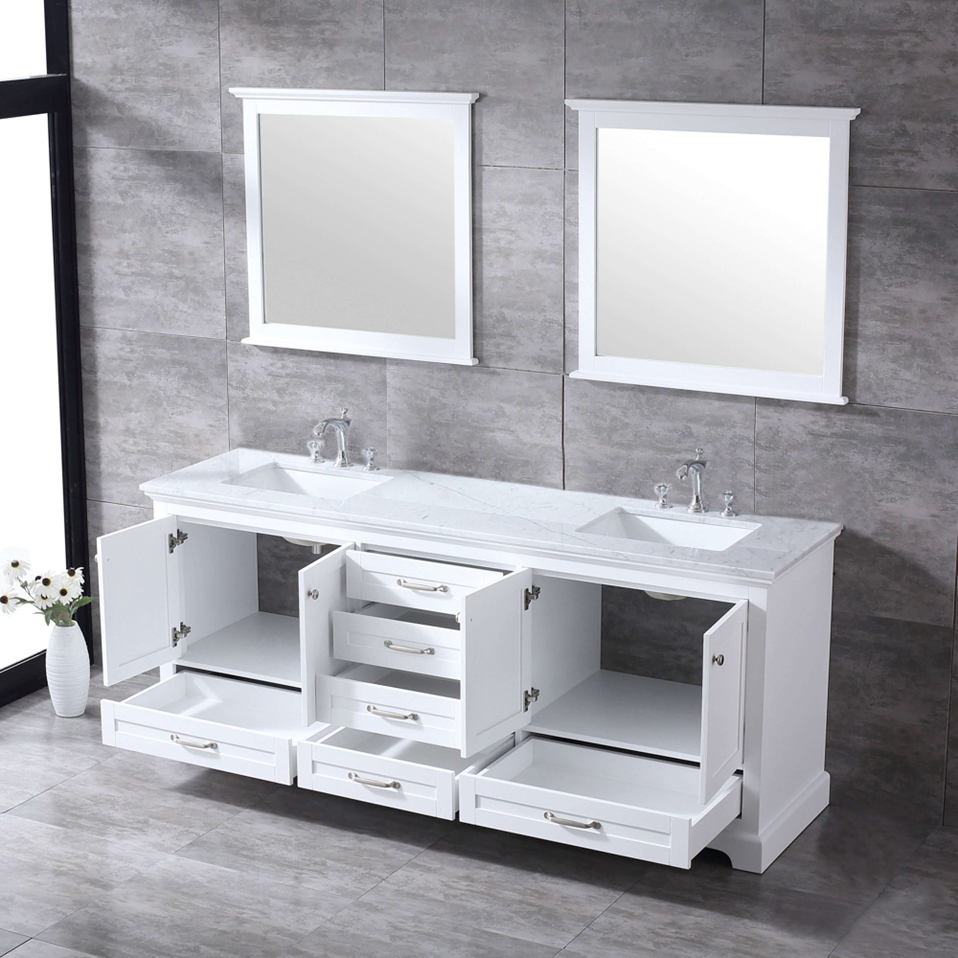 Dukes 80" White Double Vanity, White Carrara Marble Top, White Square Sinks and 30" Mirrors - LD342280DADSM30