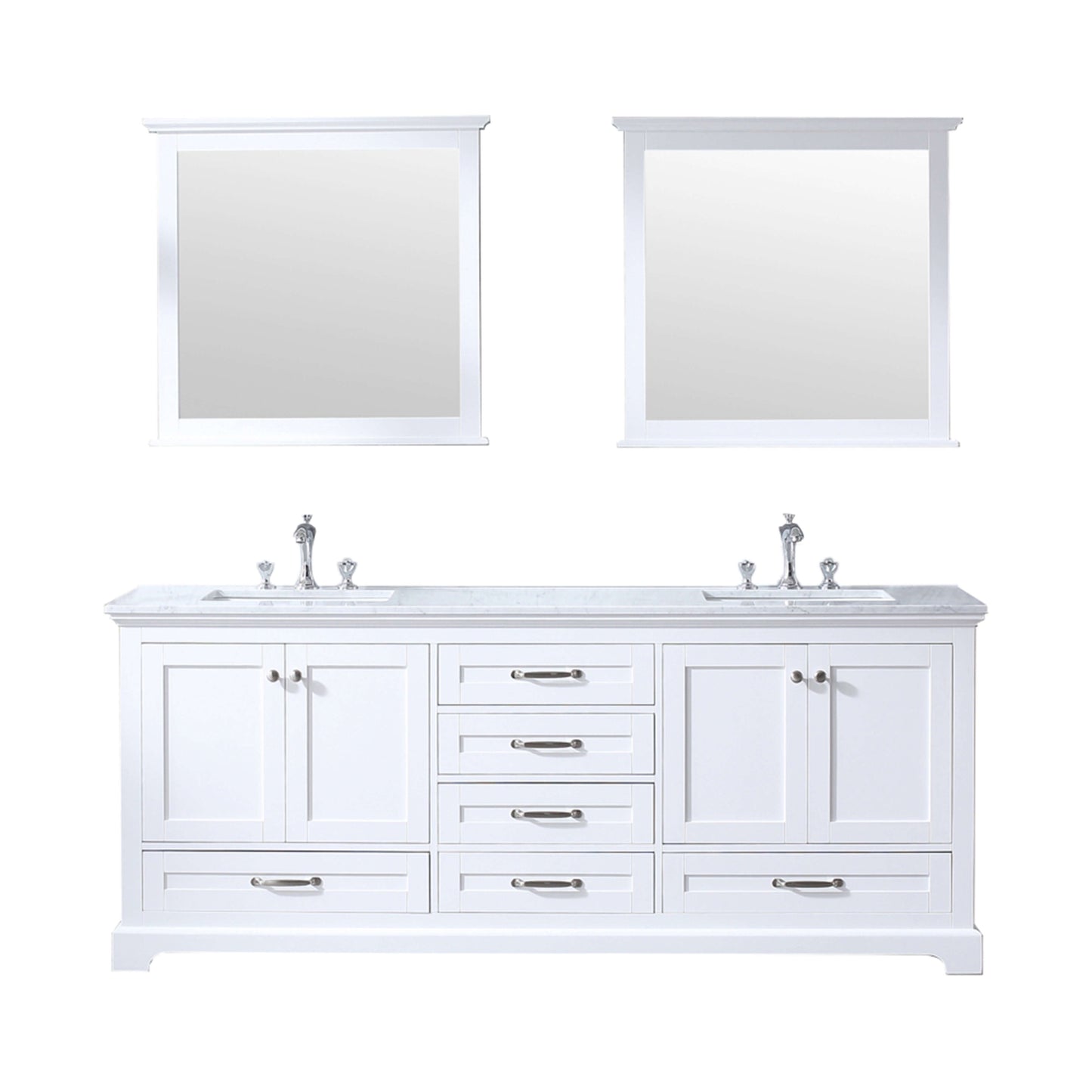 Dukes 80" White Double Vanity, White Carrara Marble Top, White Square Sinks and 30" Mirrors - LD342280DADSM30