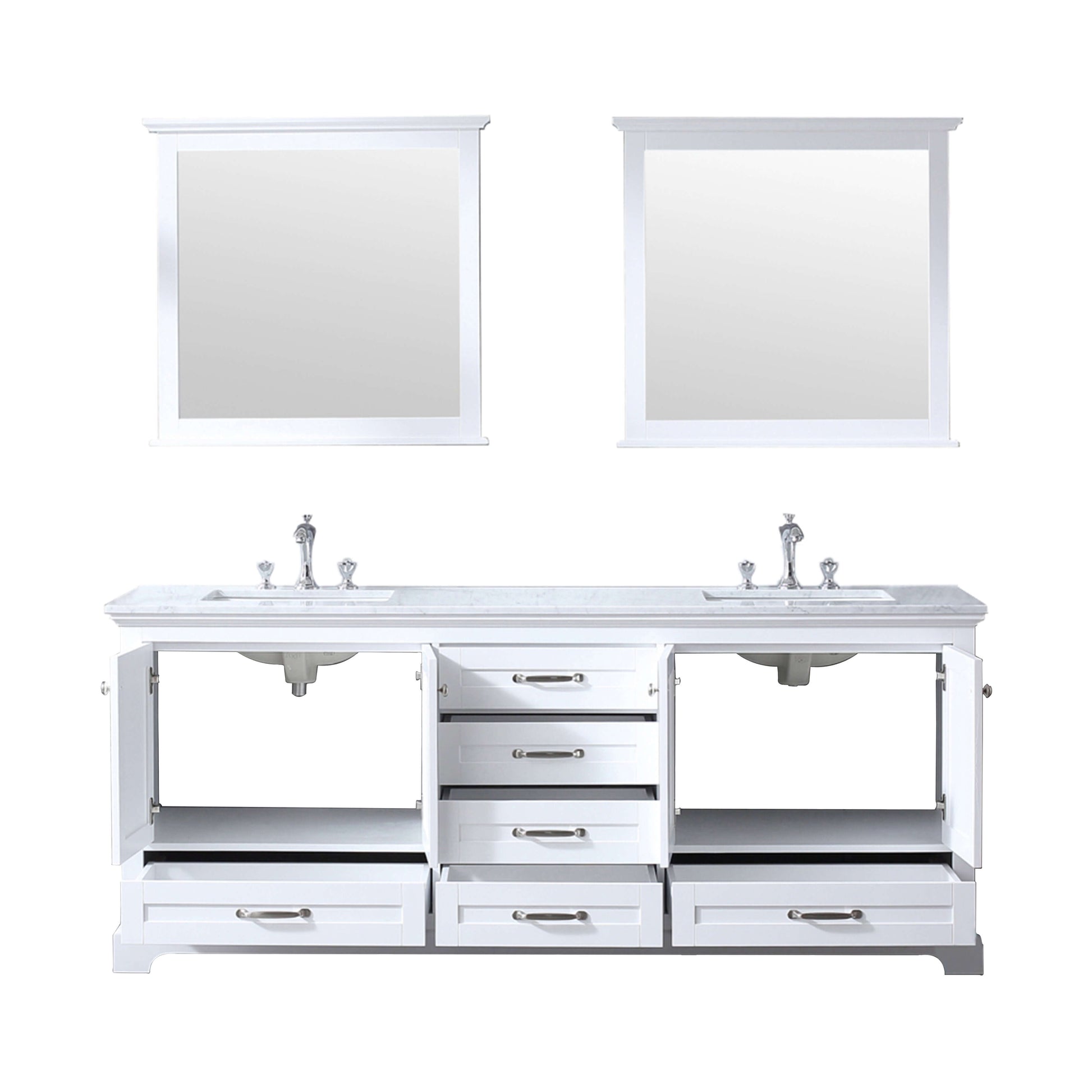 Dukes 80" White Double Vanity, White Carrara Marble Top, White Square Sinks and 30" Mirrors - LD342280DADSM30