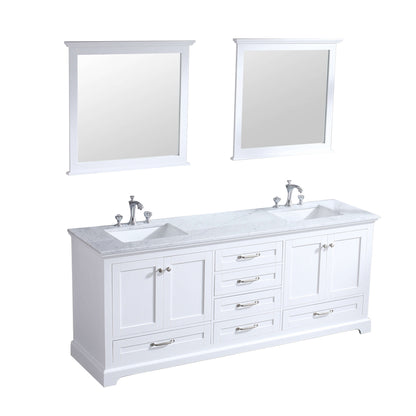 Dukes 80" White Double Vanity, White Carrara Marble Top, White Square Sinks and 30" Mirrors - LD342280DADSM30