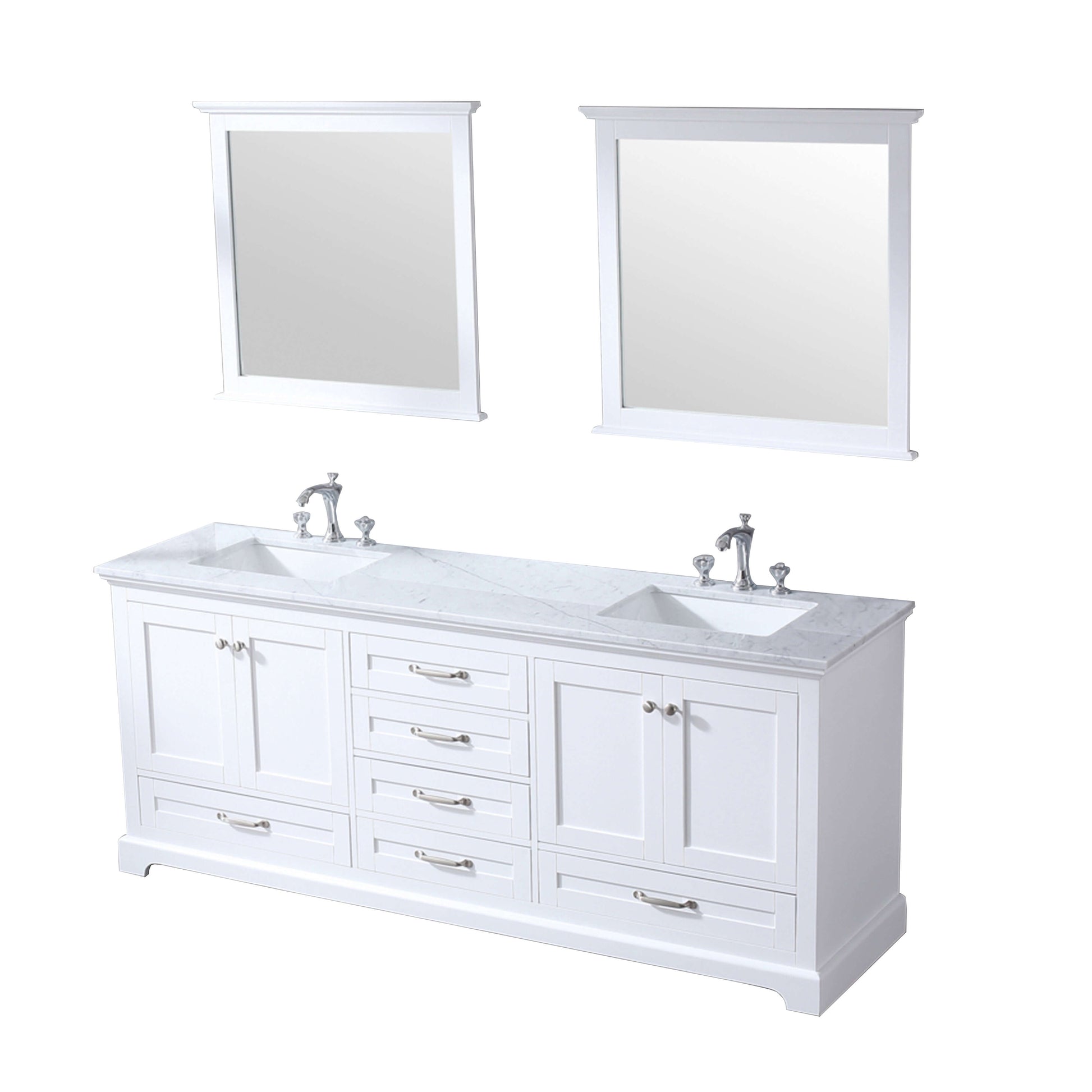 Dukes 80" White Double Vanity, White Carrara Marble Top, White Square Sinks and 30" Mirrors - LD342280DADSM30