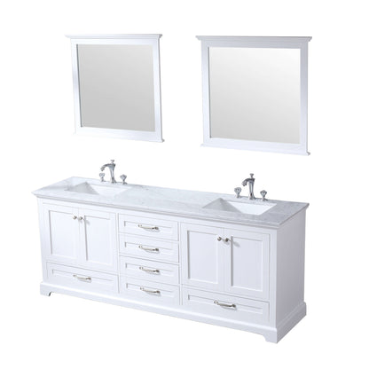 Dukes 80" White Double Vanity, White Carrara Marble Top, White Square Sinks and 30" Mirrors - LD342280DADSM30