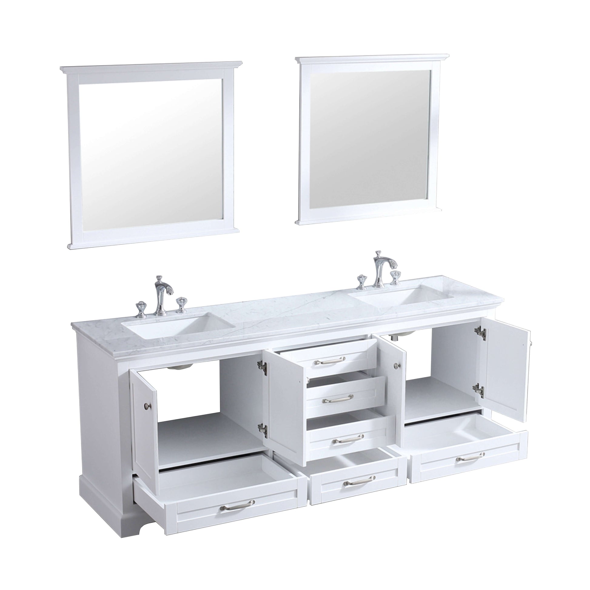 Dukes 80" White Double Vanity, White Carrara Marble Top, White Square Sinks and 30" Mirrors - LD342280DADSM30