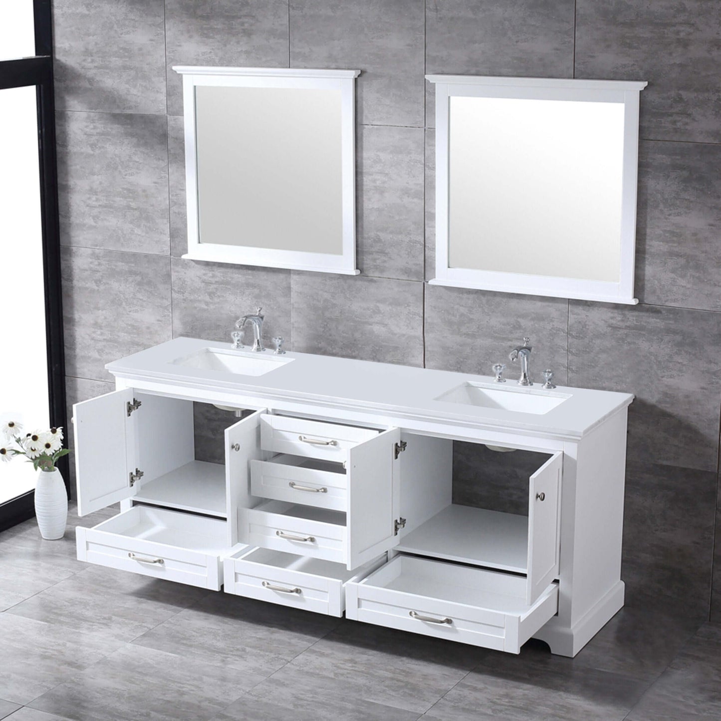 Dukes 80" White Double Vanity, White Quartz Top, White Square Sinks and 30" Mirrors - LD342280DAWQM30