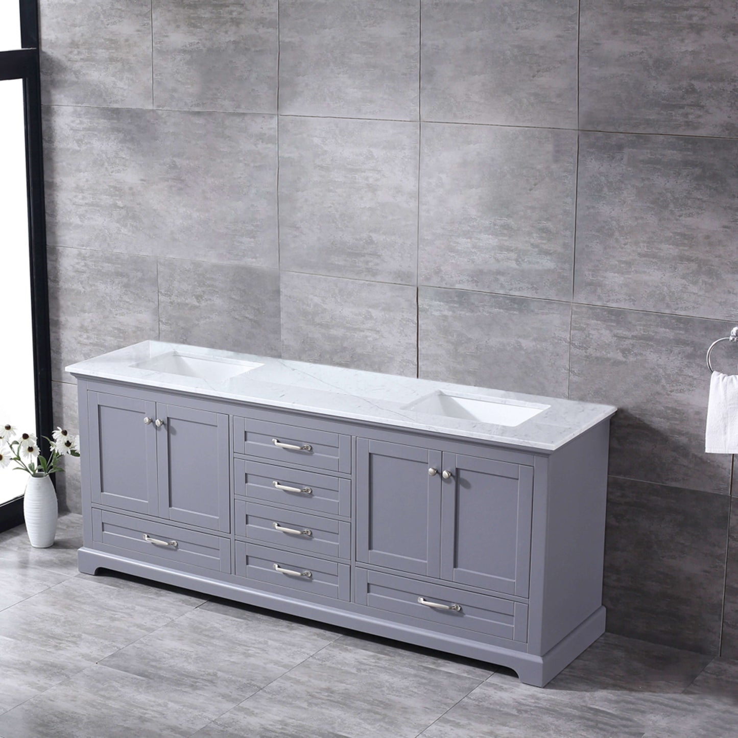 Dukes 80" Dark Grey Double Vanity, White Carrara Marble Top, White Square Sinks and no Mirror - LD342280DBDS000