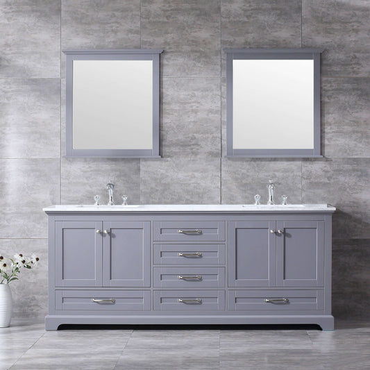 Dukes 80" Dark Grey Double Vanity, White Carrara Marble Top, White Square Sinks and 30" Mirrors - LD342280DBDSM30