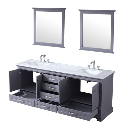 Dukes 80" Dark Grey Double Vanity, White Carrara Marble Top, White Square Sinks and 30" Mirrors - LD342280DBDSM30