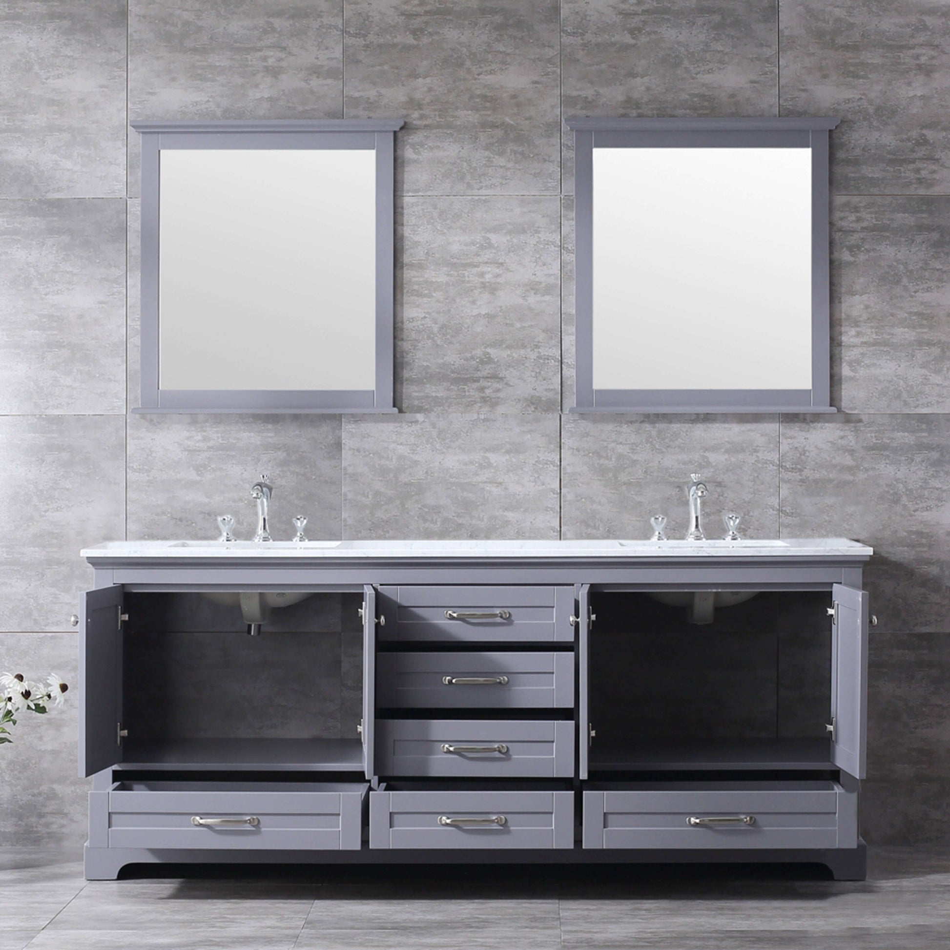 Dukes 80" Dark Grey Double Vanity, White Carrara Marble Top, White Square Sinks and 30" Mirrors - LD342280DBDSM30