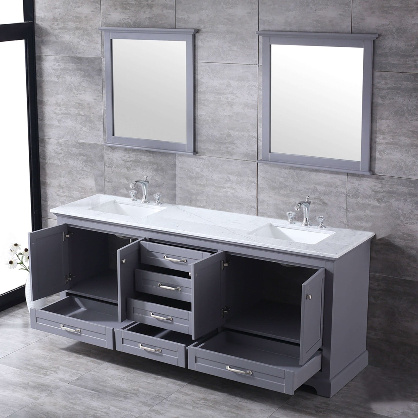 Dukes 80" Dark Grey Double Vanity, White Carrara Marble Top, White Square Sinks and 30" Mirrors - LD342280DBDSM30