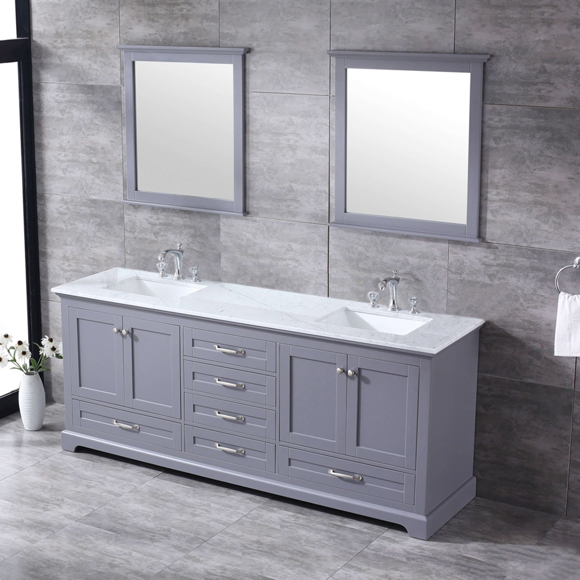 Dukes 80" Dark Grey Double Vanity, White Carrara Marble Top, White Square Sinks and 30" Mirrors - LD342280DBDSM30