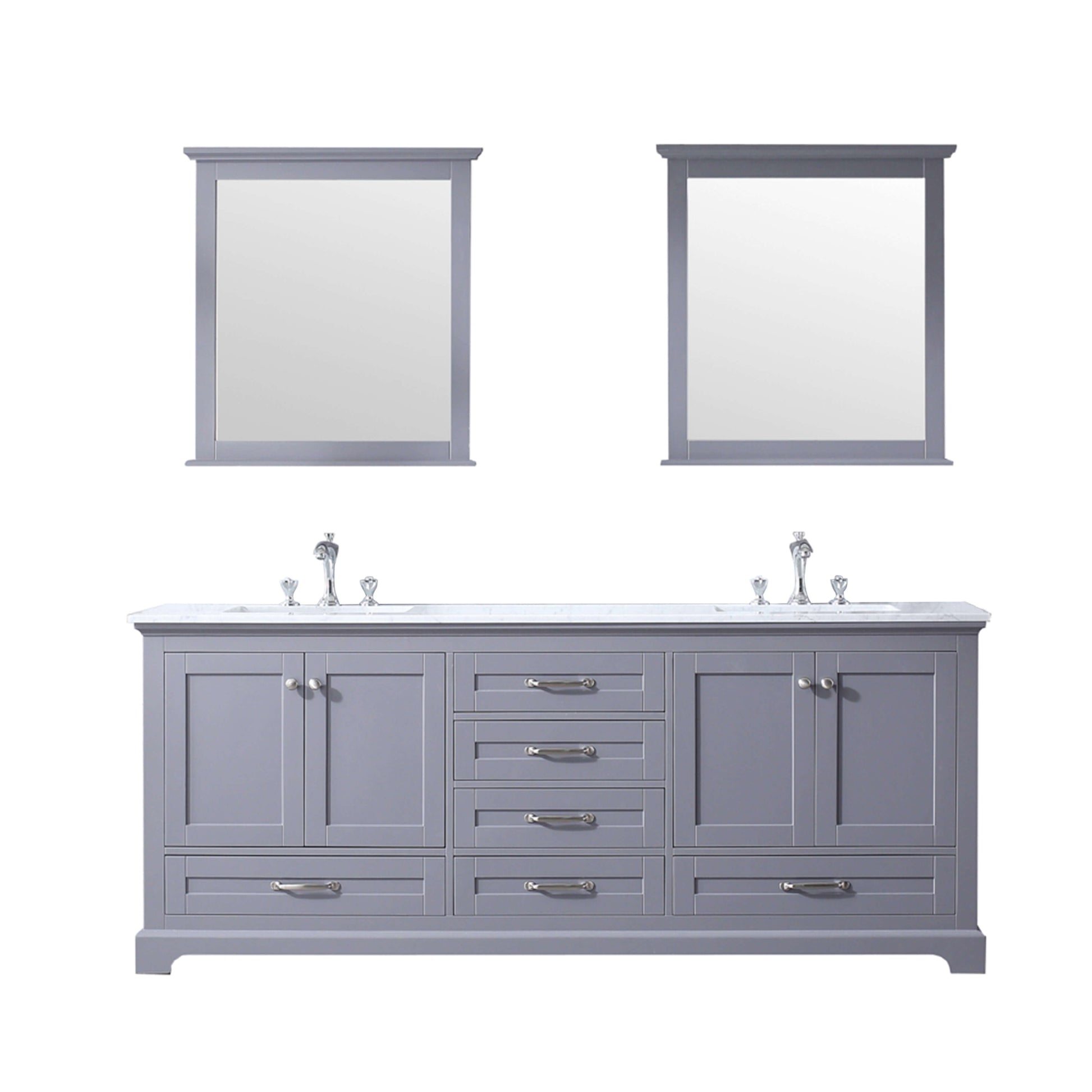 Dukes 80" Dark Grey Double Vanity, White Carrara Marble Top, White Square Sinks and 30" Mirrors - LD342280DBDSM30