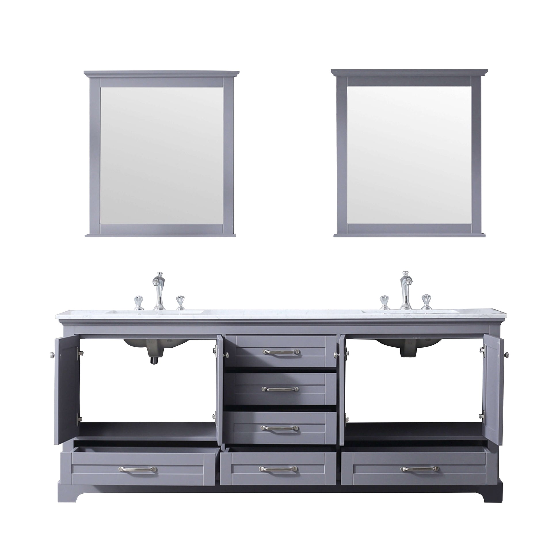 Dukes 80" Dark Grey Double Vanity, White Carrara Marble Top, White Square Sinks and 30" Mirrors - LD342280DBDSM30