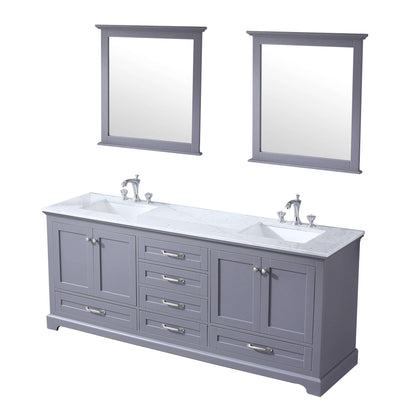 Dukes 80" Dark Grey Double Vanity, White Carrara Marble Top, White Square Sinks and 30" Mirrors - LD342280DBDSM30