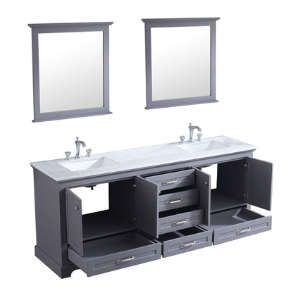 Dukes 80" Dark Grey Double Vanity, White Carrara Marble Top, White Square Sinks and 30" Mirrors - LD342280DBDSM30