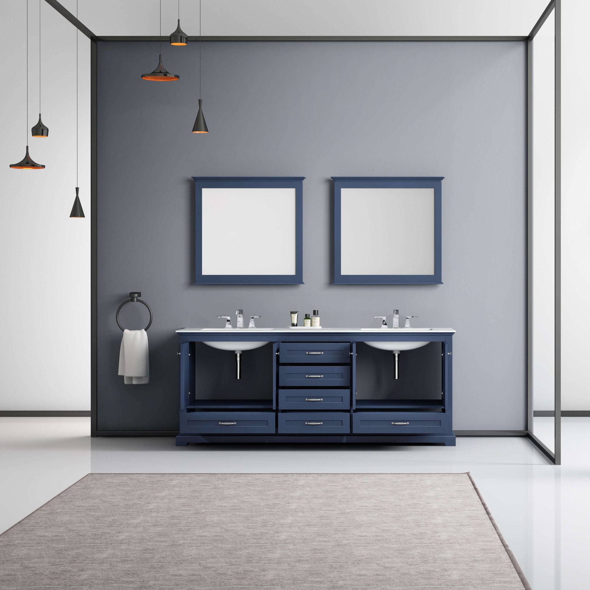 Dukes 80" Navy Blue Double Vanity, White Carrara Marble Top, White Square Sinks and 30" Mirrors - LD342280DEDSM30